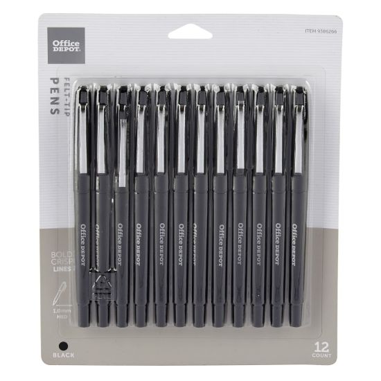 Picture of Office Depot Brand Felt-Tip Porous Pens, Medium Point, 1.0 mm, Black Barrels, Black Ink, Pack Of 12 Pens