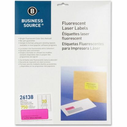 Picture of Business Source Neon Labels - 1in Width x 2 5/8in Length - Permanent Adhesive - Rectangle - Laser - Neon Pink - 30 / Sheet - 750 / Pack - Jam-free, Pressure Sensitive