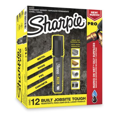 Picture of Sharpie PRO Permanent Markers, Chisel Tip, Medium Point, Black/Gray Barrel, Black Ink, Pack Of 12 Markers