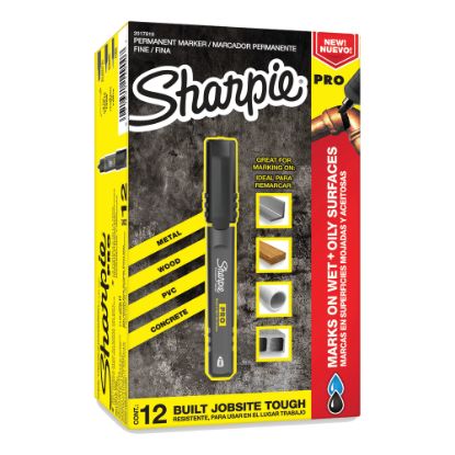 Picture of Sharpie PRO Permanent Markers, Fine Point, Black/Gray Barrel, Black Ink, Pack Of 12 Markers