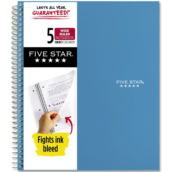 Picture of Five Star Wirebound Notebook, 8in x 10-1/2in, 5 Subject, Wide Ruled, 200 Sheets, Tidewater Blue