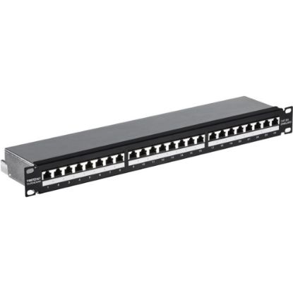 Picture of TRENDnet 24-Port Cat6A Shielded Patch Panel, 1U 19in Metal Housing, 10G Ready, Cat5e,Cat6,Cat6A Compatible, Cable Management, Color-Coded Labeling for T568A and T568B Wiring, Black, TC-P24C6AS - 24-Port Cat6a Shielded Patch Panel