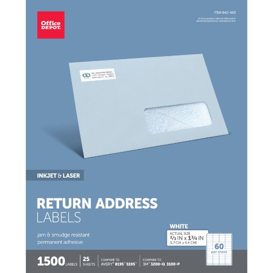 Picture of Office Depot Brand Inkjet/Laser Return Address Labels, Rectangle, 2/3in x 1 3/4in, White, Pack Of 1,500