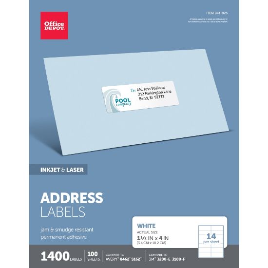 Picture of Office Depot Brand Inkjet/Laser Address Labels, Rectangle, 1 1/3in x 4in, White, Pack Of 1,400