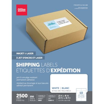 Picture of Office Depot Brand Inkjet/Laser Shipping Labels, Rectangle, 2in x 4in, White, Pack Of 2500