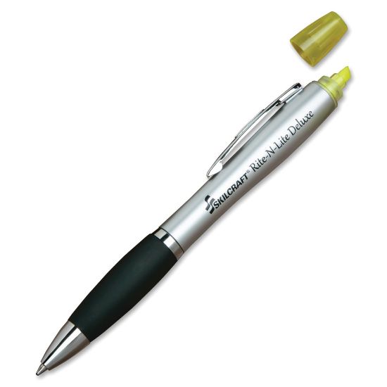 Picture of SKILCRAFT Rite-N-Lite Deluxe Highlighter Pen, Chisel/Medium Point, Black/Silver Barrel, Black/Yellow Ink, Pack Of 12 (AbilityOne 7520-01-620-6416)