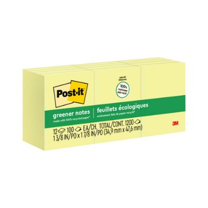 Picture of Post-it Greener Notes, 1 3/8 in x 1 7/8 in, 12 Pads, 100 Sheets/Pad, Canary Yellow