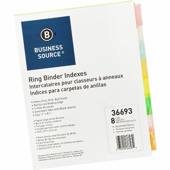 Picture of Business Source Insertable Tab Ring Binder Indexes, 8-1/2in x 11in, Multicolor, Set of 8