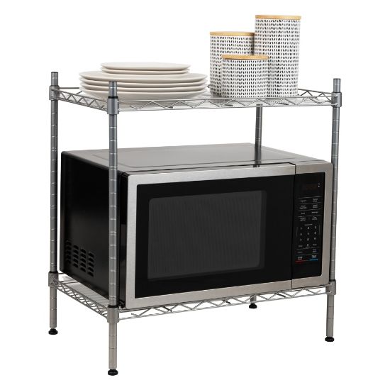 Picture of Mind Reader Alloy Collection Chrome Plate 2-Tier Industrial Microwave Stand with Utility Shelf, 22-3/4inH x 13-1/4inW x 21-1/4inL, Silver