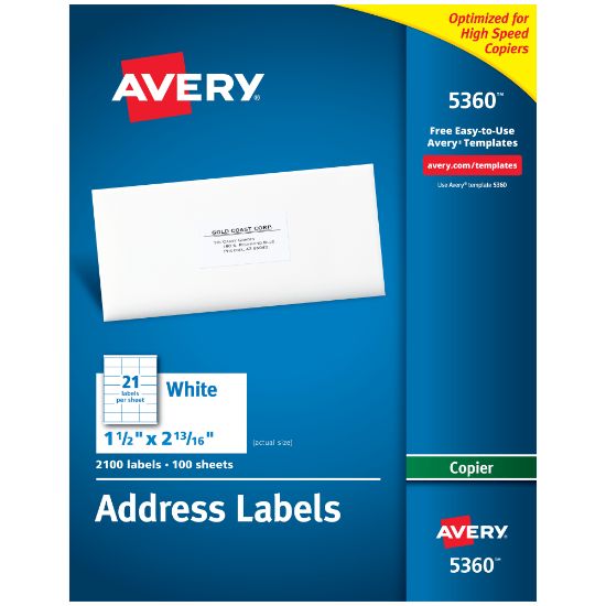 Picture of Avery Address Labels For Copiers, 5360, Rectangle, 1in x 2-13/16in, White, Pack Of 2,100