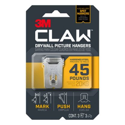 Picture of 3M CLAW Drywall Picture Hanger 45-lb Capacity, Pack of 3 Hangers, 3 Spot Markers