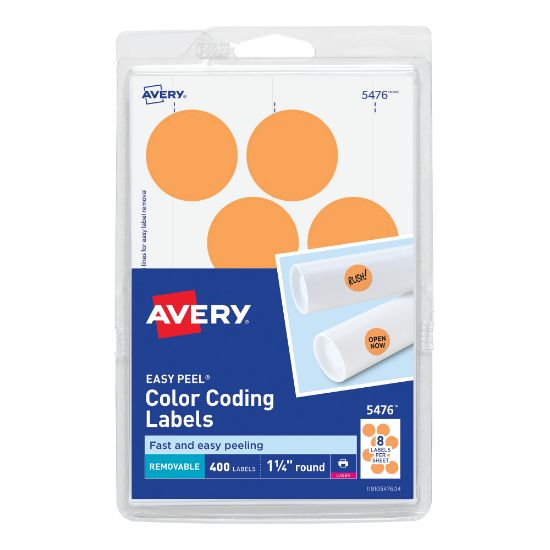 Picture of Avery Removable Color-Coding Labels, Removable Adhesive, 5476, Round, 1-1/4in Diameter, Neon Orange, Pack Of 400 Labels