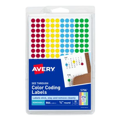 Picture of Avery See-Through Color-Coding Removable Labels, Non-Printable, 5796, Round Stickers, 1/4 Inch, Assorted Colors, Pack Of 864