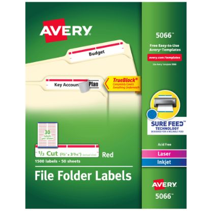 Picture of Avery TrueBlock Permanent Inkjet/Laser File Folder Labels, 5066, 2/3in x 3 7/16in, Red, Box Of 1,500