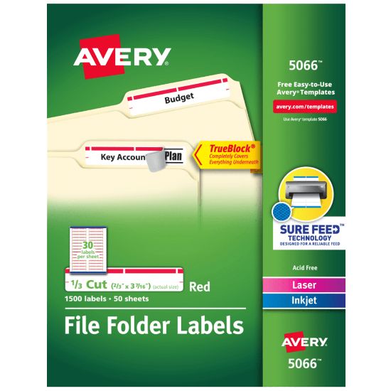 Picture of Avery TrueBlock Permanent Inkjet/Laser File Folder Labels, 5066, 2/3in x 3 7/16in, Red, Box Of 1,500