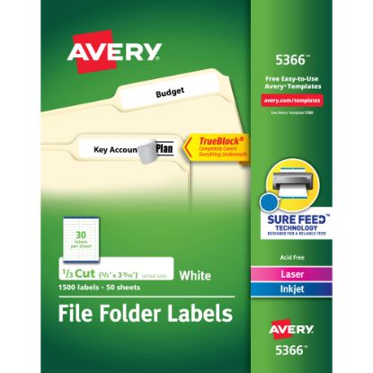 Picture of Avery TrueBlock File Folder Labels With Sure Feed Technology, 5366, Rectangle, 2/3in x 3-7/16in, White, Pack Of 1,500