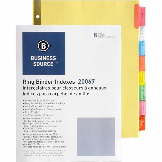 Picture of Business Source Reinforced Insertable Tab Indexes - 8 x Divider(s) - 8 Tab(s)/Set1.50in Tab Width - 8.5in Divider Width x 11in Divider Length - Letter - 3 Hole Punched - Buff Divider - Manila Tab(s)