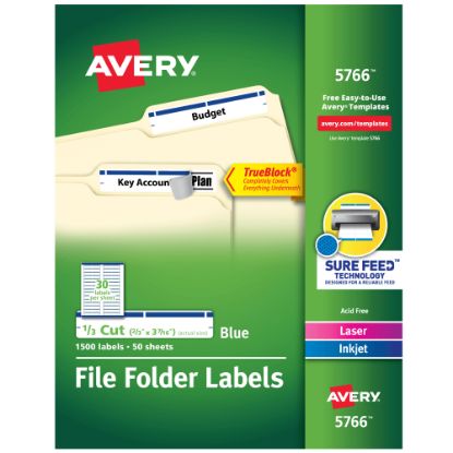 Picture of Avery TrueBlock File Folder Labels With Sure Feed Technology, 5766, Rectangle, 2/3in x 3-7/16in, White/Blue, Pack Of 1,500