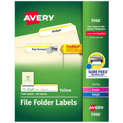 Picture of Avery TrueBlock File Folder Labels With Sure Feed Technology, 5966, Rectangle, 2/3in x 3-7/16in, White/Yellow, Pack Of 1,500