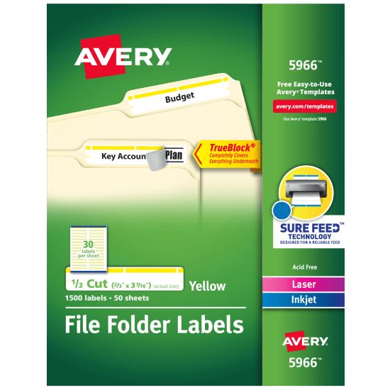 Picture of Avery TrueBlock File Folder Labels With Sure Feed Technology, 5966, Rectangle, 2/3in x 3-7/16in, White/Yellow, Pack Of 1,500