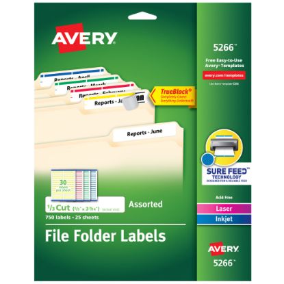 Picture of Avery TrueBlock Permanent Inkjet/Laser File Folder Labels, 5266, 2/3in x 3 7/16in, Assorted, Box Of 750