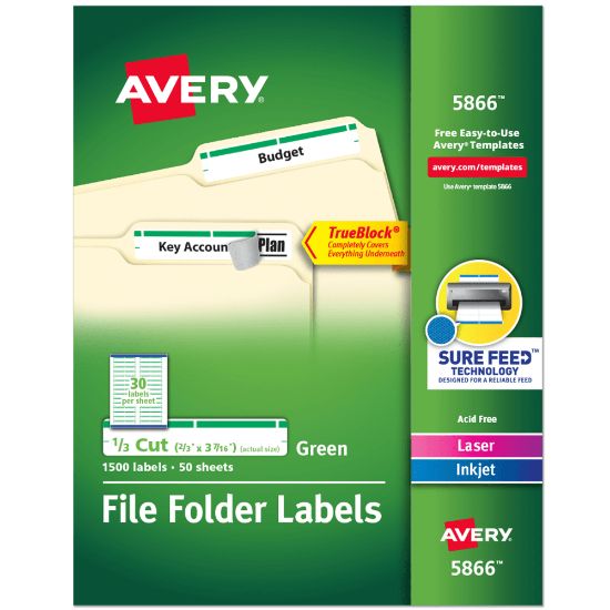 Picture of Avery TrueBlock Permanent Inkjet/Laser File Folder Labels, 5866, 2/3in x 3 7/16in, Green, Box Of 1,500