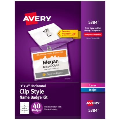 Picture of Avery Customizable Name Badges With Clips, Rectangle, 5384, 3in x 4in, Clear Name Tag Holders With White Printable Inserts, Box Of 40