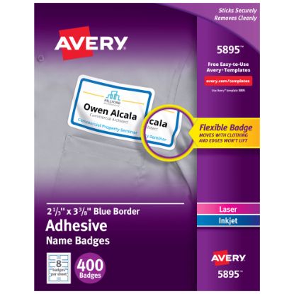 Picture of Avery Flexible Name Badge Labels, 5895, 2 1/3in x 3 3/8in, White With Blue Border, Box Of 400