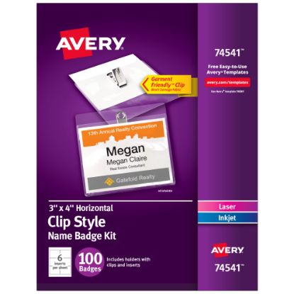 Picture of Avery Customizable Name Badges With Clips, Rectangle, 74541, 3in x 4in, Clear Holders With White Inserts, 100 Badges