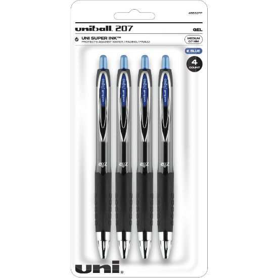 Picture of uniball 207 Gel Pens, Pack Of 4, Medium Point, 0.7 mm, Translucent Black Barrel, Blue Ink