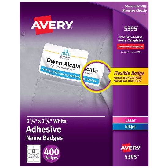 Picture of Avery Flexible Name Badge Labels, 5395, 2 1/3in x 3 3/8in, White, Box Of 400