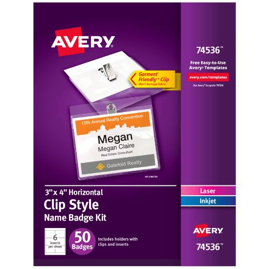 Picture of Avery Customizable Name Badges With Clips, Rectangle, 74536, 3in x 4in, Clear Holders With White Inserts, Box Of 50