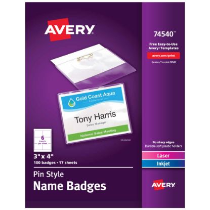 Picture of Avery Customizable Name Badges With Pins, 74540, 3in x 4in, Clear Name Tag Holders With White Printable Inserts, Pack of 100