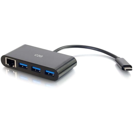 Picture of C2G USB C Hub with Ethernet - 3-Port USB Hub - USB Type C - External - 3 USB Port(s) - 1 Network (RJ-45) Port(s) - 3 USB 3.0 Port(s)