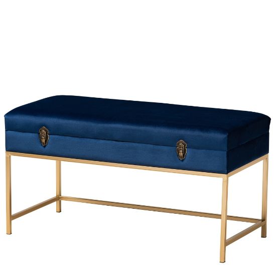 Picture of Baxton Studio Aliana Storage Ottoman, 18-1/2inH x 35-7/16inW x 15-3/4inD, Navy Blue/Gold