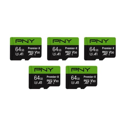 Picture of PNY Premier-X Class 10 U3 V30 microSDXC Flash Memory Cards, 64GB, Pack Of 5 Memory Cards