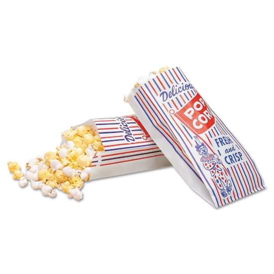 Picture of Bagcraft Pinch-Bottom Paper Popcorn Bags, 8inH x 4inW x 1 1/2inD, Blue/Red/White, Pack Of 1,000 Bags