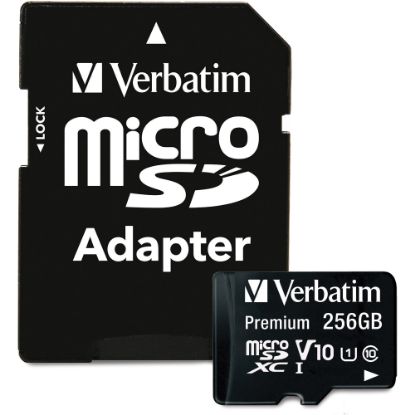 Picture of Verbatim Premium 256 GB Class 10/UHS-I (U1) microSDXC - 1 Pack - 100 MB/s Read - Lifetime Warranty