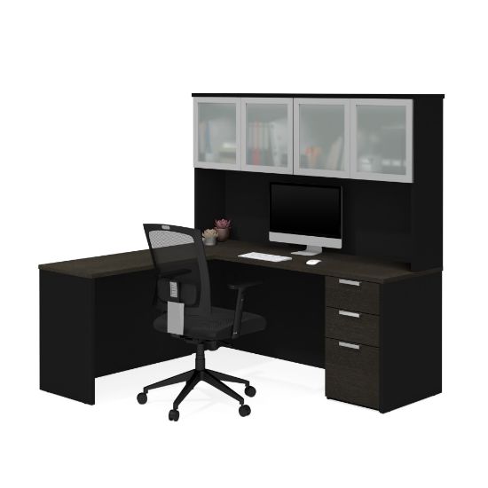 Picture of Bestar Pro-Concept Plus 72inW L-Shaped Corner Desk With Pedestal And Frosted Glass-Door Hutch, Deep Gray/Black