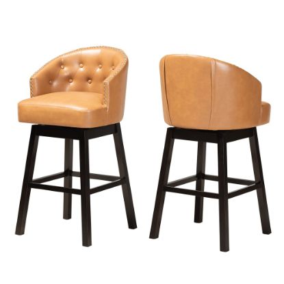 Picture of Baxton Studio Theron Faux Leather Swivel Bar Stools, Tan/Dark Brown, Set Of 2