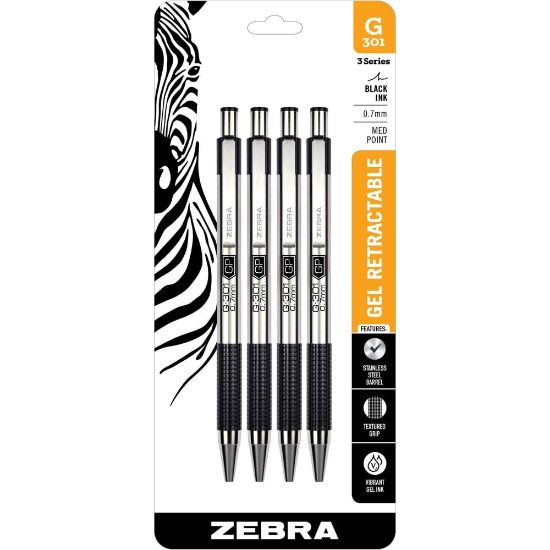 Picture of Zebra Pen STEEL 3 Series G-350 Retractable Gel Pens, Pack Of 4, Medium Point, 0.7 mm, Black Barrel, Black Ink