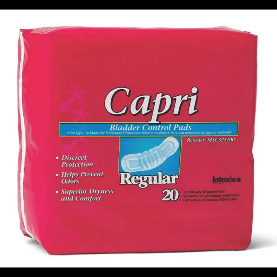 Picture of Capri Bladder Control Pads, Regular, 2 3/4in x 9 3/4in, White, 20 Pads Per Bag, Case Of 9 Bags