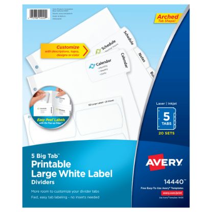 Picture of Avery Big Tab Printable Large Label Dividers, Easy Peel, White, 5 Tabs, Pack Of 20 Sets