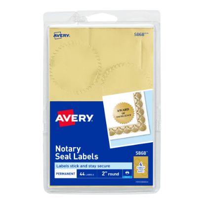 Picture of Avery Printable Notary Seal Labels For Inkjet Printers, 5868, Burst, 2in Diameter, Gold, Pack Of 44 Certificate Seals