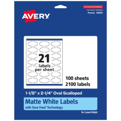 Picture of Avery Permanent Labels With Sure Feed, 94061-WMP100, Oval Scalloped, 1-1/8in x 2-1/4in, White, Pack Of 2,100