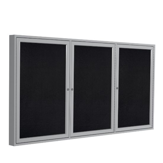 Picture of Ghent 3 Door Enclosed Recycled Rubber Bulletin Board, Satin Aluminum Frame, 48inH x 96inW, Black