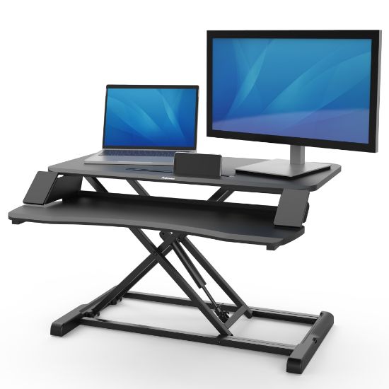 Picture of Fellowes Corsivo Sit-Stand Workstation Desk Riser, 19-1/2inH x 31-1/2inW x 24-1/4inD, Black