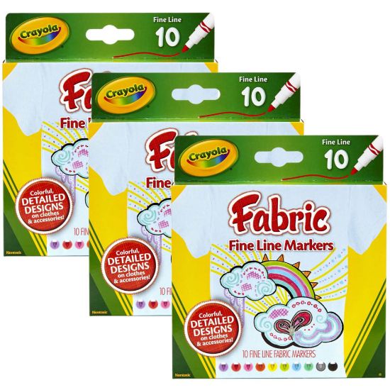 Picture of Crayola Fine Line Fabric Markers, Assorted Colors, 10 Markers Per Box, Set Of 3 Boxes