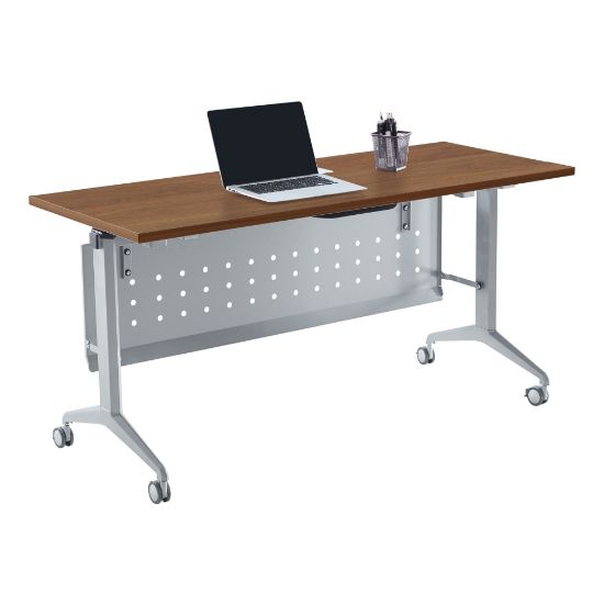 Picture of WorkPro AnyPlace Flip-Top Nesting Training Table With Modesty Panel, 29-1/2inH x 60inW x 24inD, Walnut/Silver