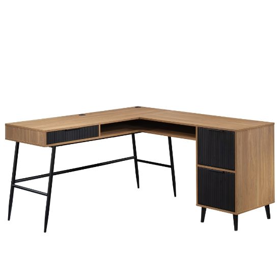 Picture of Sauder Ambleside Modern 59inW L-Computer Desk With Filing Drawers And Storage Drawer, Serene Walnut/Black